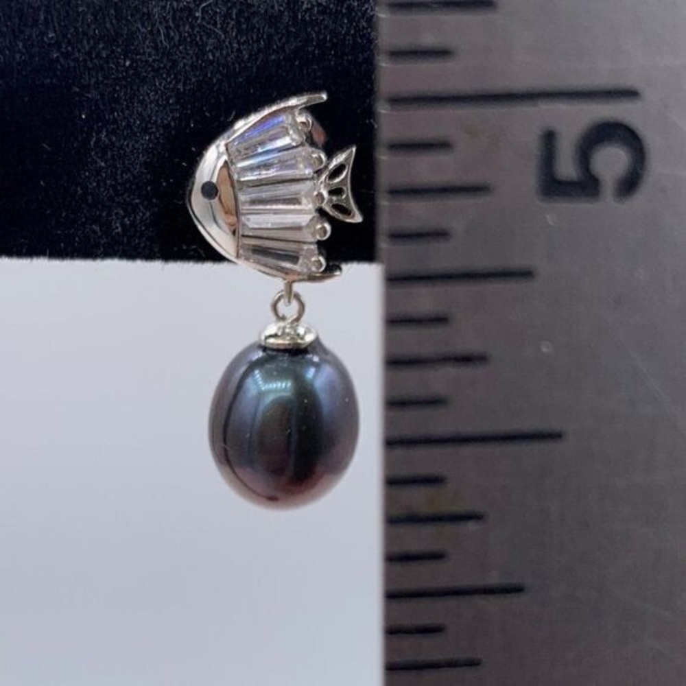 NWOT earrings solid 925 sterling silver real black pearls clear gem accents - Picture 4 of 4